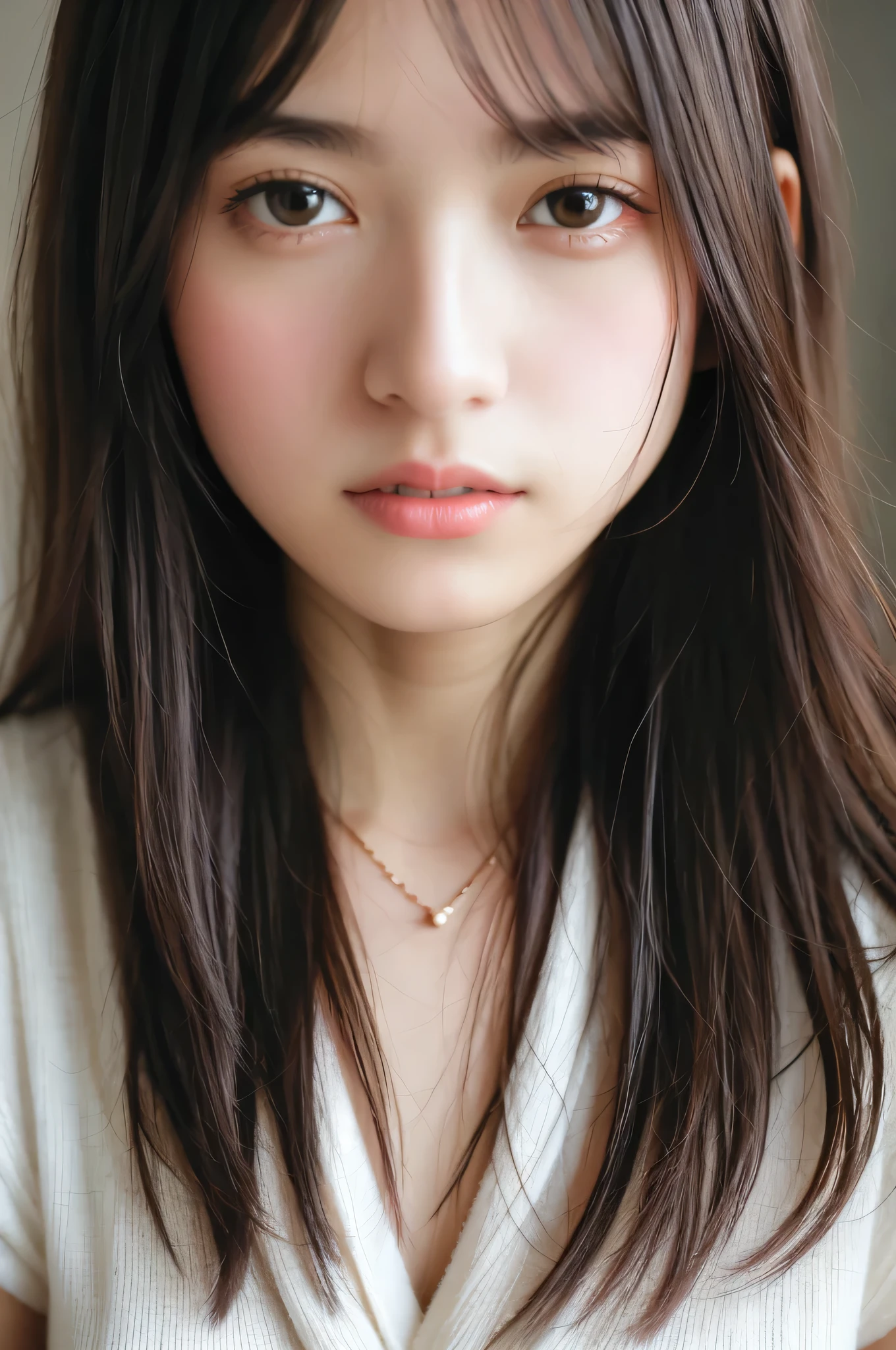 RAW, analog style, A stunning close-up portrait of a young, beautiful woman with striking features. She should have long, flowing hair, a captivating gaze, and an alluring expression. The background should be neutral and simple, allowing the woman to be image's focal point. Please pay attention to the details, such as the highlights and shadows on her face and hair, to create a lifelike and realistic image. Experiment with different lighting techniques to enhance the mood and atmosphere of the portrait. The final product should be a masterpiece that capture the essence and beauty of the woman, ((highly detailed skin, skin details)), sharp focus, volumetric fog, 8K, UHD, DSLR, high quality, film grain, Fujifilm XT3