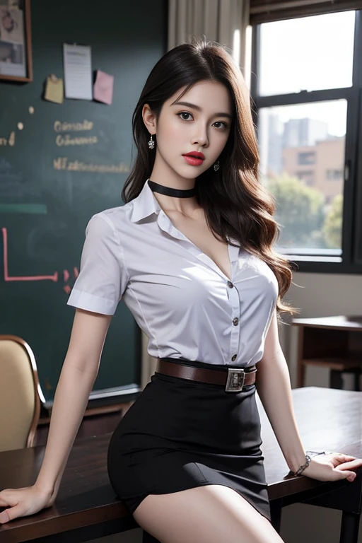 (Masterpiece, best quality, alone, รายละเอียดที่complicated, Chromatic aberration), realistic, ((Moderate breath)), hair on one eye,purple eyes, earring, sharp eyes, choker, (symmetrical eyes),(Perfect symmetrical body),Photo of a beautiful 24 year old girl, Beautiful and charming with contemporary fashion paintings as well..., looking at the audience, ((in the classroom background)), (1 Teen Girl),(black short skirt), (Fitted white short sleeve shirt, Unbuttoning the buttons, revealing a little of the chest..), ((Short black pencil skirt with deep slit at the side.)), sugar belt, ((Put your hands down.)),copper blonde hair, bob, round chin, Art lens 85mm, Sharp focus, High resolution 8K, Crazy details, complicated, elegant,sitting on the study table Lift one leg to eye level, legs slightly apart.,big breasts,Big breasts, dynamic gesture, big breasts