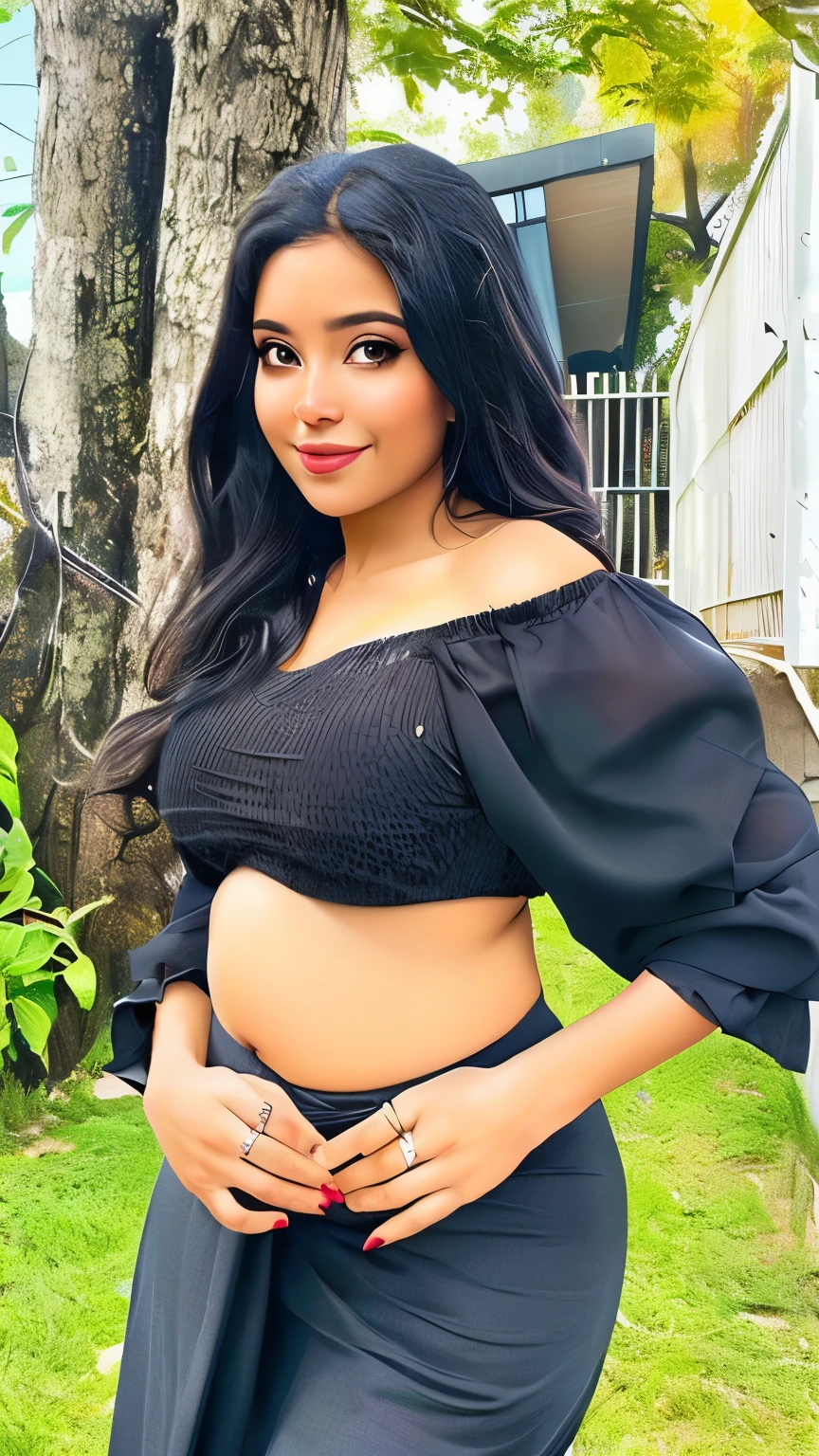 pregnant woman in black top and skirt posing for a picture, her belly button is exposed, wearing a sexy cropped top, wearing crop top, 30-year-old woman from cuba, sie boob, sexy girl with dark complexion, skinny waist and thick hips, her belly is fat and round, with a seductive smile, leaked image, crop top, gorgeous lady, digital illustration or artwork, highly realistic digital art
