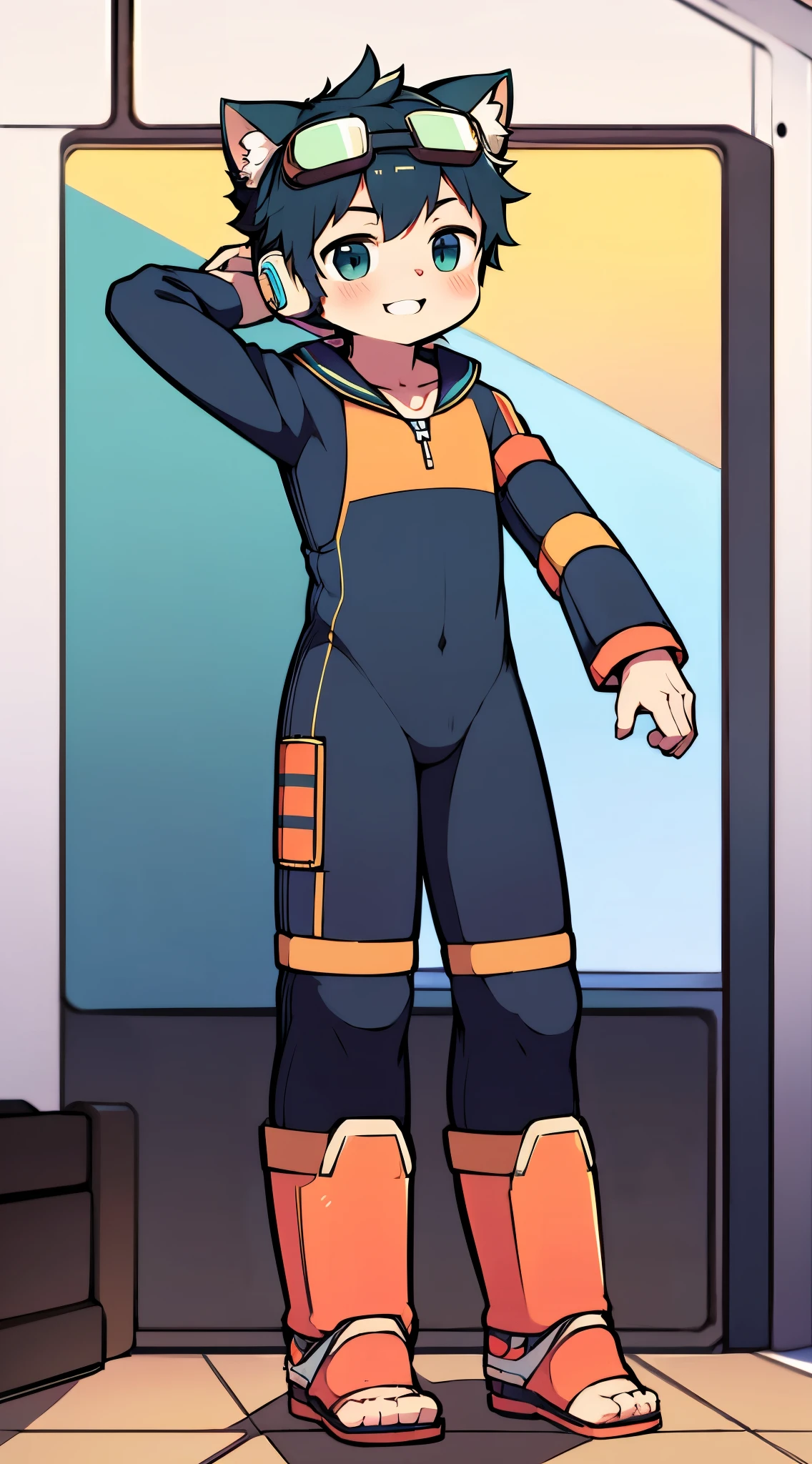 2D Boy Shota,One-piece mountaineering suit,Slim, healthy body,Put the headphones on your head,stand up,goggles,Cat ear,happy,Sailor collar,Lovely,