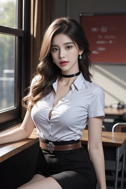 (Masterpiece, best quality, alone, รายละเอียดที่complicated, Chromatic aberration), realistic, ((Moderate breath)), hair on one eye,purple eyes, earring, sharp eyes, choker, (symmetrical eyes),(Perfect symmetrical body),Photo of a beautiful 24 year old girl, Beautiful and charming with contemporary fashion paintings as well..., looking at the audience, ((in the classroom background)), (1 Teen Girl),(black short skirt), (Fitted white short sleeve shirt, Unbuttoning the buttons, revealing a little of the chest..), ((Short black pencil skirt with deep slit at the side.)), sugar belt, ((Put your hands down.)),copper blonde hair, bob, round chin, Art lens 85mm, Sharp focus, High resolution 8K, Crazy details, complicated, elegant,sitting on the study table Lift one leg to eye level, legs slightly apart.,big breasts,Big breasts, dynamic gesture, big breasts