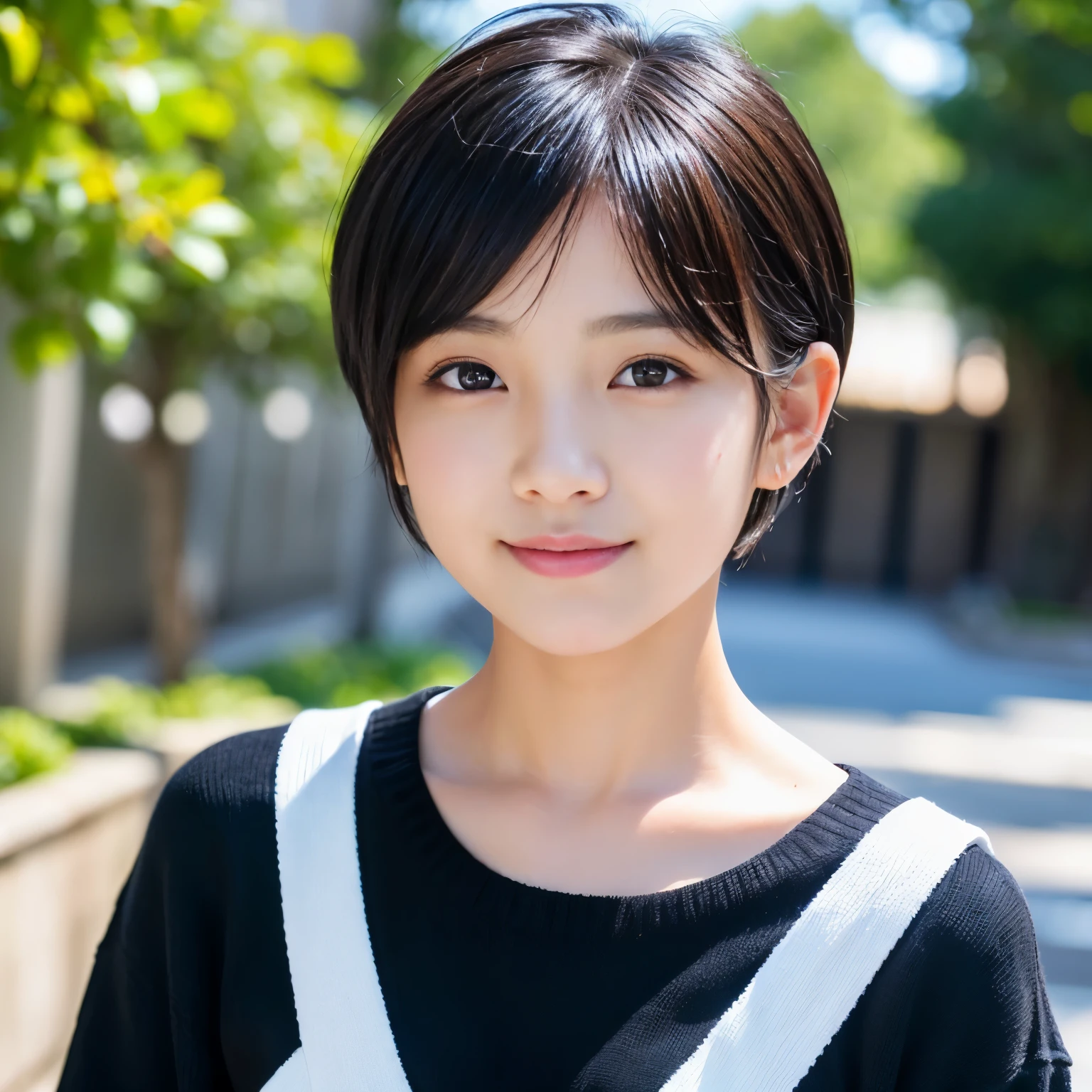 Best-Quality, Masterpiece, Ultra-High-Resolution, (Photorealistic:1.4), Raw-Photo, Hyper-Detailed, 1girl, (-yeld, Jaese famous idol, wearing loose sweater, portrait, face focus, (twinkle smile, looking at viewer), ((extremely cute face like a the most popular Japanese idol, amazingly beautiful big black eyes, beautiful black short-cut-haired, very beautiful white realistic skins)), detailed face, detailed eyes, detailed hair, detailed white realistic skins