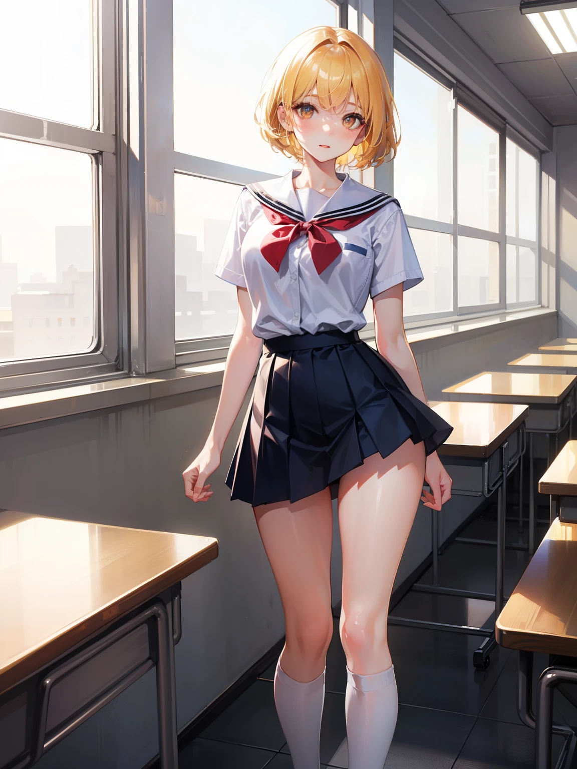 Dynamic posing, dynamic angle,Top quality work,(short golden hair),(golden eyes), lovely red lips, Pretty Face, A perfectly proportioned face, school shirt and skirt, (school uniform), white stockings,in classroom,full-body view, amazing, Large round chest、Beautiful eye details、(Very slender eyes)、Beautiful eyelashes、beautiful double eyelid, Shy, with blush cheeks,
