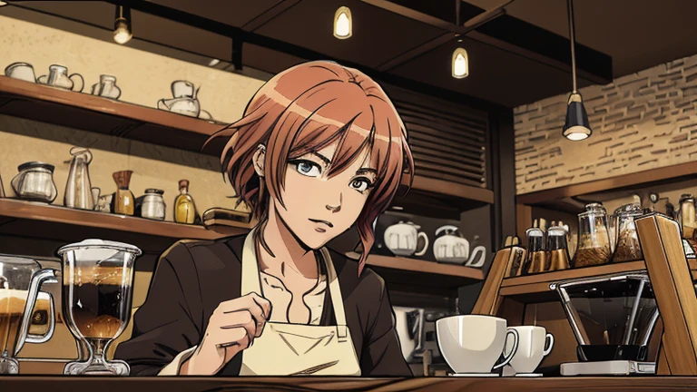 vector image, 2d cartoon,masterpiece, An anime woman, colored hair, in cafe, barista