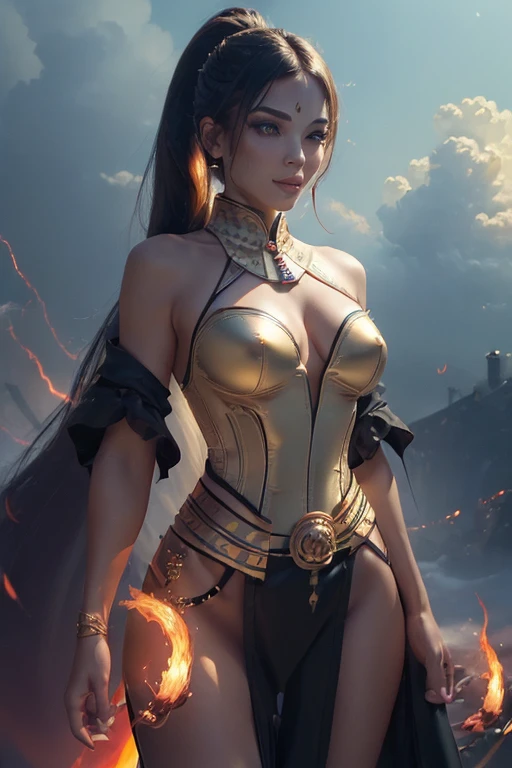 (master piece:1.8), (best quality:1.8), (exquisite lighting and shadow, highly dramatic picture, cinematic lens effect) 8k, wallpaper, looking at the viewer, open arms, female ponytail yellow gold hair on one side thin and shorty fantasy witch wearing a smooth and futuristic black tunic with gold ornaments and gold lines, black mini skirt, thin waist, hips, red ribbon in waist, beautiful blue eyes, beautiful lips, beautiful smile, shiny red flame behind, clouds and sky background, ethereal lightning, sharp focus
