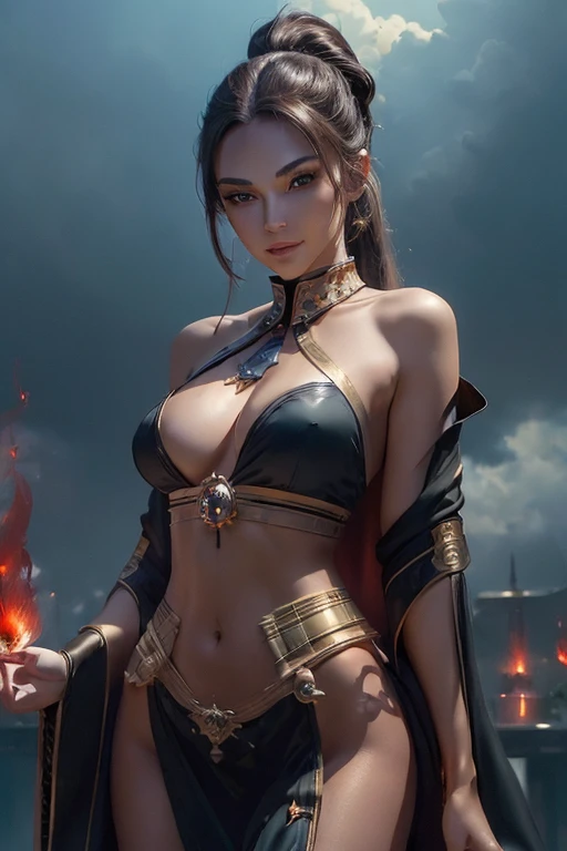 (master piece:1.8), (best quality:1.8), (exquisite lighting and shadow, highly dramatic picture, cinematic lens effect) 8k, wallpaper, looking at the viewer, open arms, female ponytail yellow gold hair on one side thin and shorty fantasy witch wearing a smooth and futuristic black tunic with gold ornaments and gold lines, black mini skirt, thin waist, hips, red ribbon in waist, beautiful blue eyes, beautiful lips, beautiful smile, shiny red flame behind, clouds and sky background, ethereal lightning, sharp focus
