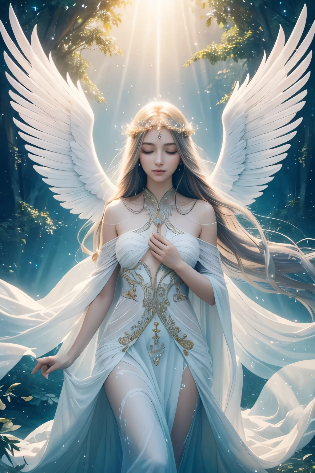 (best quality,highres),angel,female,beautiful wings,glowing halo,vibrant colors,ethereal beauty,serene expression,long flowing hair,sheer white gown,soft sunlight,divine,peaceful ambiance,supernatural,graceful posture,luminous background,heavenly presence,sparkling eyes,celestial demeanor,gentle whispers,transcendent beauty,celestial being,harmonious atmosphere,majestic aura,celestial garden,seraphic,spiritual,beams of light,transcendence,illuminated,mystical,magical