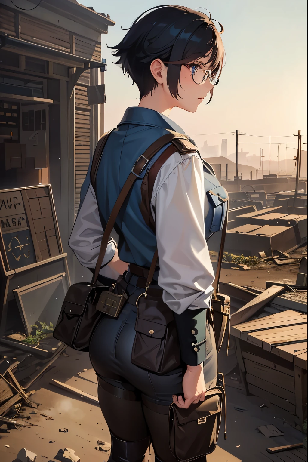 Wide angle, view from behind, a pretty girl messenger, wearing large glasses, undercut hair, wearing postal uniform, in a post-apocalyptic world