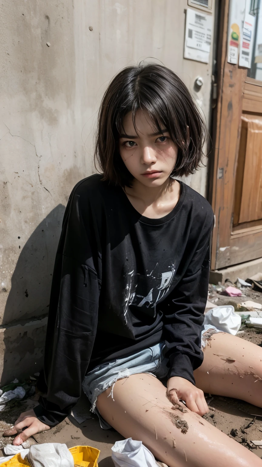 An 18-year-old Korean woman surrounded by a pile of garbage,aespakarina,Bobcut,Beggar,beggar,(((Homeless))),in abandoned style room,((( Oil,Mud stains,shit,dirty))),(((Frowning,Glaring at the camera))),((((pile of trash))),Very fine eye, (((He is wearing a tattered black long-sleeved shirt.,He&#39;s wearing ripped black pants))),(((Tragic))),(make:1.3)