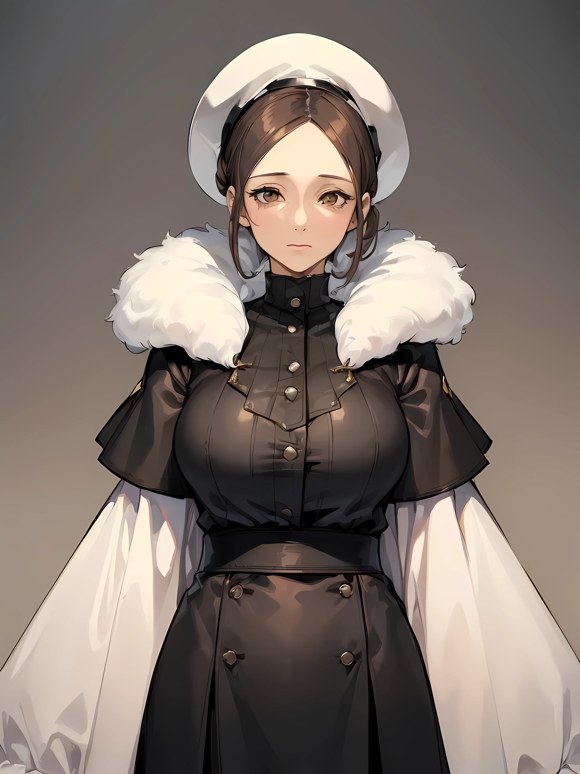 (masterpiece:1.5), (best quality:1.5), (forty years old woman:1.7), (middle aged woman:1.3), english style, fur, dress, white, hat, old english style, industrial england style, very detailed eyes, very detailed face, brown hair, moderate hair, short hair, hair on elbow (white background:1.9), (simple background:1.3), standing, no smile, adult woman, england woman, theatre, tall, (older woman:1.6) stading straight, long legs, white fond, (brown eyes:1.4), brown hair+, sadness++, (sadness:1.2)