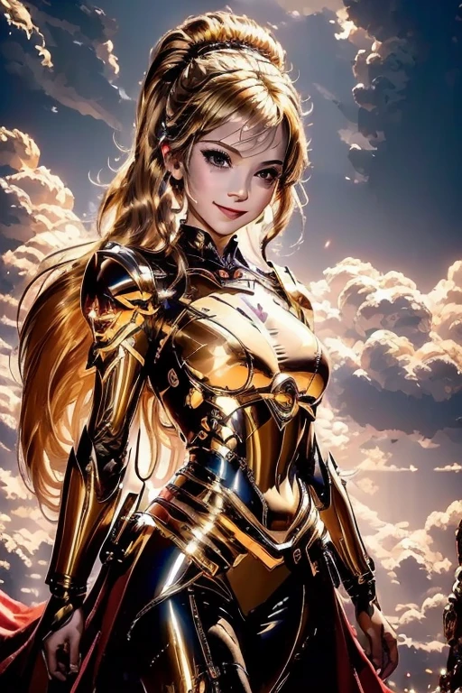 (master piece:1.8), (best quality:1.8), (exquisite lighting and shadow, highly dramatic picture, cinematic lens effect) 8k, wallpaper, looking at the viewer, open arms, female ponytail yellow gold hair on one side thin and shorty fantasy witch wearing a smooth and futuristic black tunic with gold ornaments and gold lines, black mini skirt, thin waist, hips, red ribbon in waist, beautiful blue eyes, beautiful lips, beautiful smile, shiny red flame behind, clouds and sky background, ethereal lightning, sharp focus
