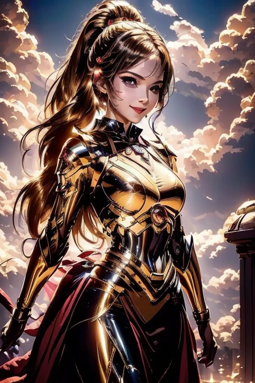 (master piece:1.8), (best quality:1.8), (exquisite lighting and shadow, highly dramatic picture, cinematic lens effect) 8k, wallpaper, looking at the viewer, open arms, female ponytail yellow gold hair on one side thin and shorty fantasy witch wearing a smooth and futuristic black tunic with gold ornaments and gold lines, black mini skirt, thin waist, hips, red ribbon in waist, beautiful blue eyes, beautiful lips, beautiful smile, shiny red flame behind, clouds and sky background, ethereal lightning, sharp focus