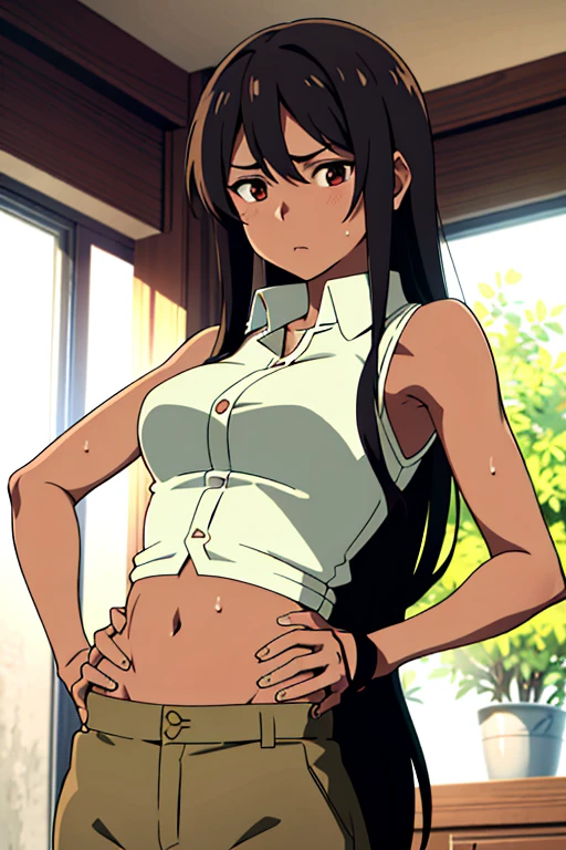 (masterpiece, top quality, best quality), brown skin anime girl with sleeveless buttoned shirt and trousers, famished in hunger, (gently resting hands on stomach), (sweating), (long hair), (hands on her stomach)