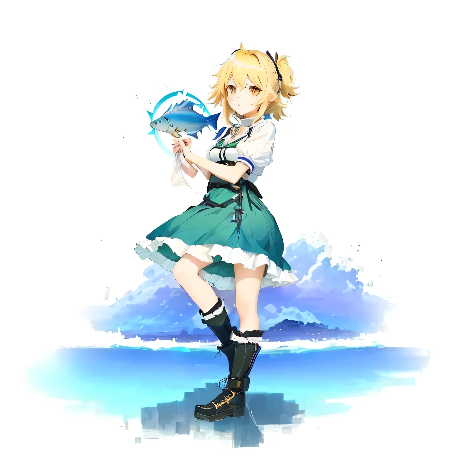 There is a girl holding a fish in her hand., East character, from East, Kagamine also, Anime style”, change, Lucy anime girl, kirisame marisa, In a dress, Female protagonist 👀 :8, kirisame marisa from East, East project, Alchemist Girl, East, Also slightly erotic