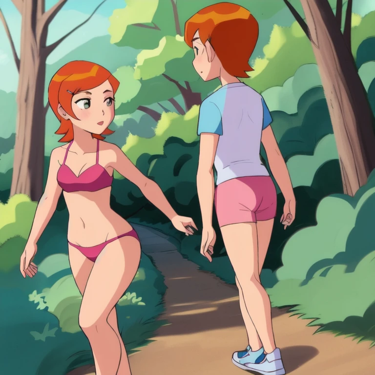 claasicgwen walking in a pink bikini on the forest trail