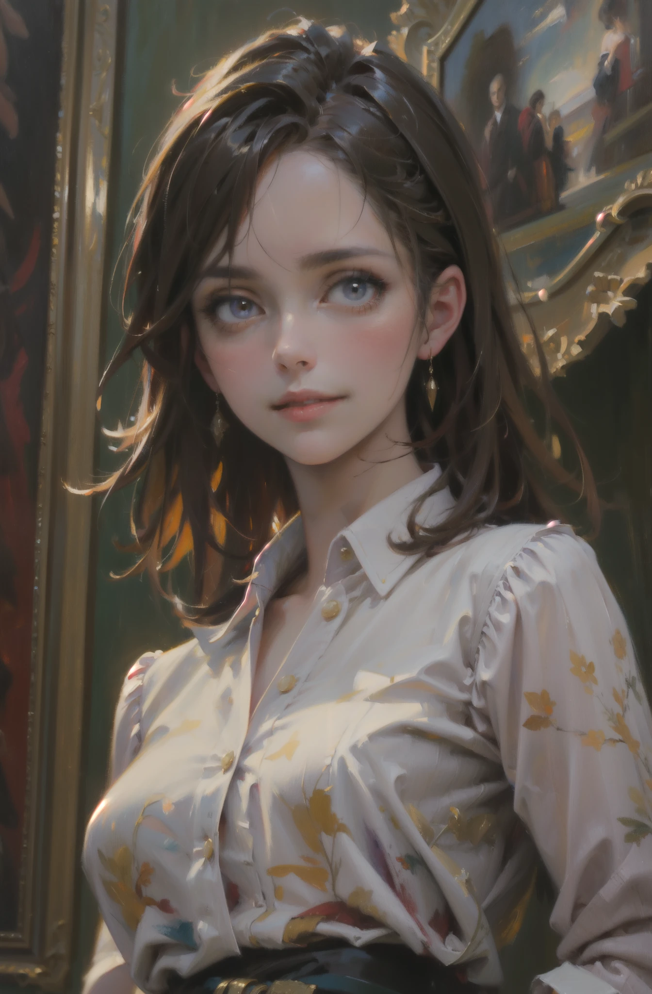 best quality, masterpiece, (oil painting:1.4), 1girl, light smile, shirt with collars, waist up, dramatic lighting, from below
