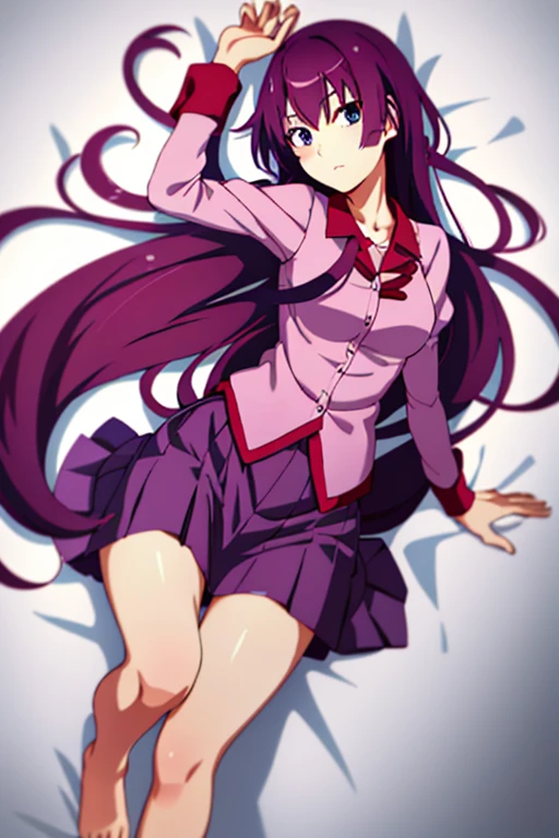 1girll,，Emoji seduction，senjougahara hitagi, Solo, upper legs, Skirt, Long hair, Naoezu High , Blue eyes, Juliet sleeves, , Purple hair, shirt, zettai ryouiki, Medium breasts, Very long hair, Purple skirt, Miniskirt，Lie face up on the bed