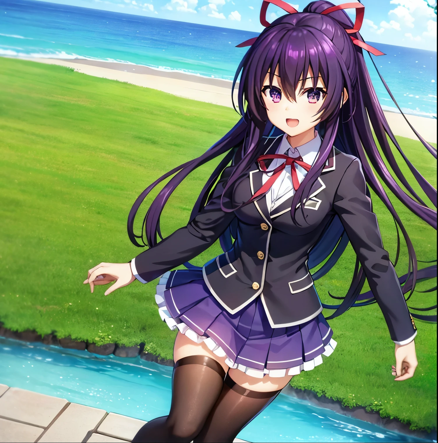 1girl, alone,tohka yatogami,((masterpiece)),(best quality),official art,extremely detailed CG,unity 8k wallpaper,ultra detailed,A lighthouse on a cliff by the sea,1girl,solo,upper body,(portrait:1.2),looking at viewer,yatogami tooka,bangs,blush,very long hair,hair between eyes,sidelocks,hair ribbon,floating hair,smile,black thighhighs,black jacket,white shirt,pleated skirt,high ponytail,purple hair,open mouth,red ribbon,,skirt,violet eyes,zettai ryouiki,loafers, perfect hands, perfect anatomy 