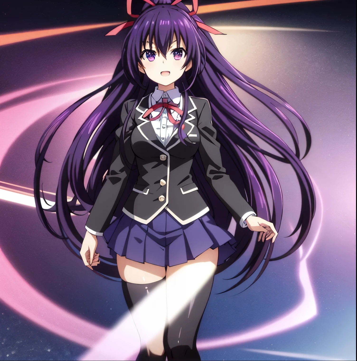 1girl, alone,tohka yatogami,((masterpiece)),(best quality),official art,extremely detailed CG,unity 8k wallpaper,ultra detailed,A lighthouse on a cliff by the sea,1girl,solo,upper body,(portrait:1.2),looking at viewer,yatogami tooka,bangs,blush,very long hair,hair between eyes,sidelocks,hair ribbon,floating hair,smile,black thighhighs,black jacket,white shirt,pleated skirt,high ponytail,purple hair,open mouth,red ribbon,,skirt,violet eyes,zettai ryouiki,loafers, perfect hands, perfect anatomy 