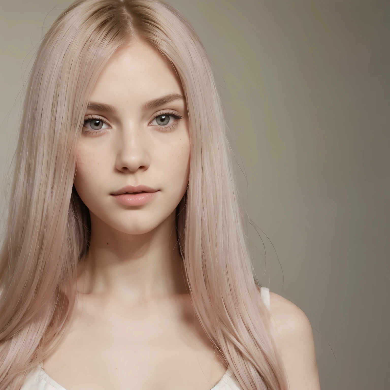 Pale ivory colored skin, androgynous face, small button nose, pointed nose, small curved lips. Light freckles, grey colored iris, close up of face, foxy eyes, wearing eyeliner makeup, long wavy pink hair, looks kinda like Brooke Monk. Pale colored skin. slender, pear-shaped body slim, athletic figure with a narrow waist and wide hips. Voluptuous shaped body. Long pink hair.