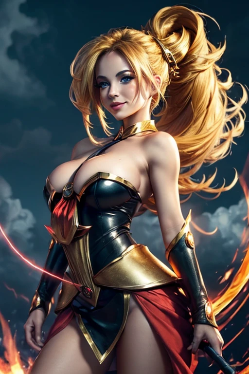(master piece:1.8), (best quality:1.8), (exquisite lighting and shadow, highly dramatic picture, cinematic lens effect) 8k, wallpaper, looking at the viewer, open arms, female ponytail yellow gold hair on one side thin and shorty fantasy witch wearing a smooth and futuristic black tunic with gold ornaments and gold lines, black mini skirt, thin waist, hips, red ribbon in waist, beautiful blue eyes, beautiful lips, beautiful smile, shiny red flame behind, clouds and sky background, ethereal lightning, sharp focus