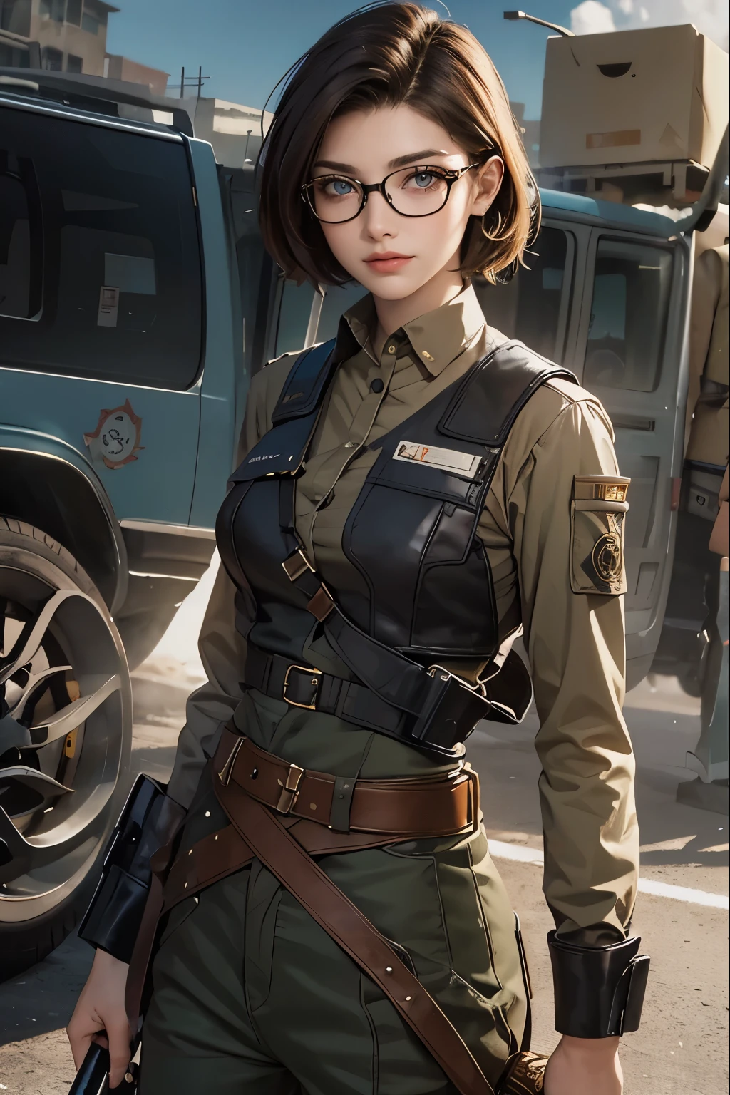 a pretty girl messenger, wearing large glasses, undercut hair, wearing postal uniform, in a post-apocalyptic world