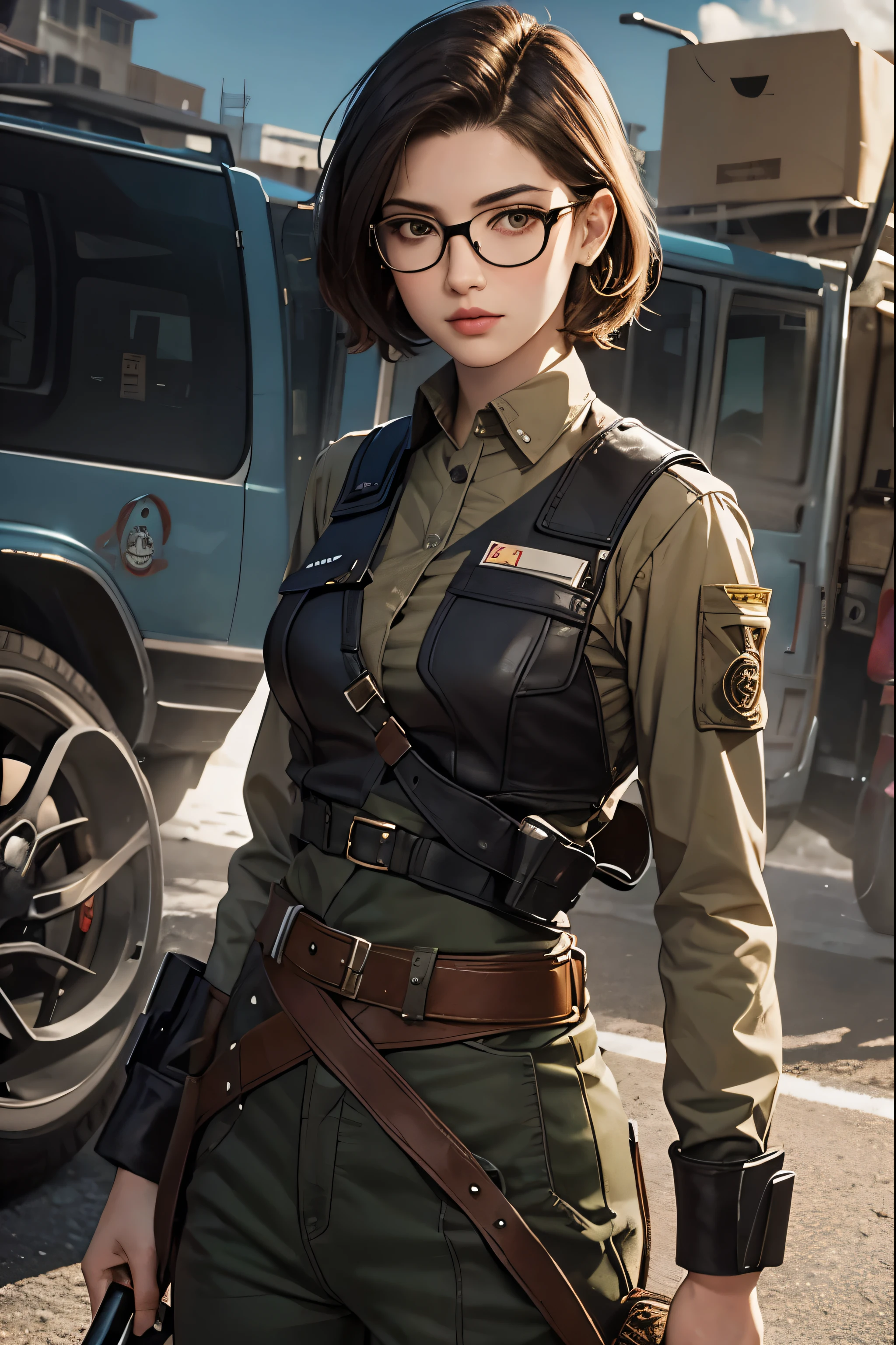 a pretty girl messenger, wearing large glasses, undercut hair, wearing postal uniform, in a post-apocalyptic world