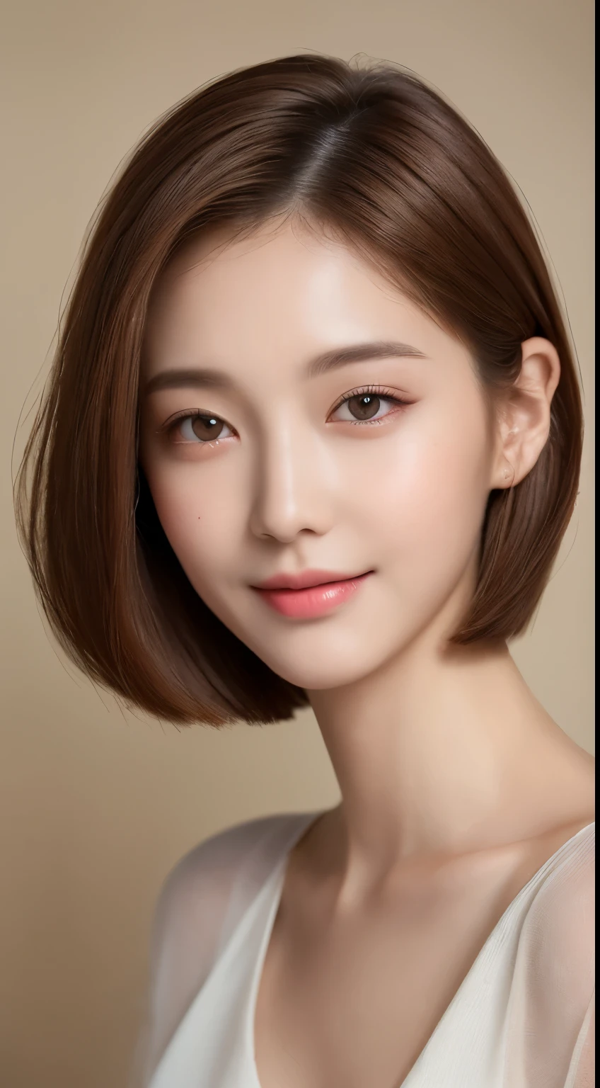 ((Best Quality, 8K, Masterpiece: 1.3)), 1 Girl, Slim Abs Beauty: 1.3, (Hairstyle Brown Hair Shortcut, Big: 1.2), Dress: 1.1, Super Slender Face, Delicate Eyes, Double Eyelids, Smile, Home, Raw Photo