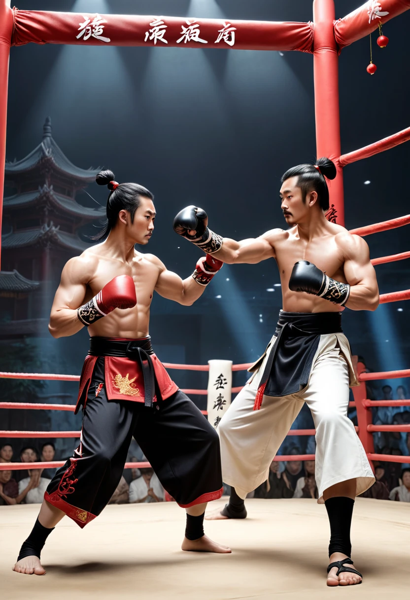 Boxing Match, Boxing ring, boxing gloves, Chinese wuxia, Chinese kung fu, Chinese Gongfu, V.S, PK, (masterpiece, best quality, Professional, perfect composition, very aesthetic, absurdres, ultra-detailed, intricate details:1.3)