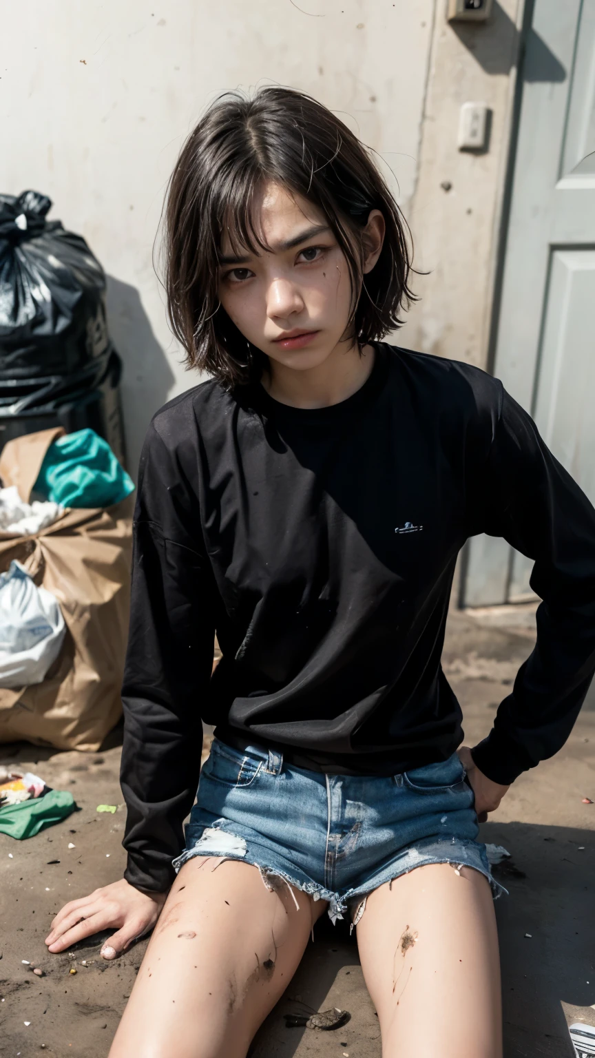 An 18-year-old Korean woman surrounded by a pile of garbage,aespakarina,Bobcut,Beggar,beggar,(((Homeless))),in abandoned style room,((( Oil,Mud stains,shit,dirty))),(((Frowning,Glaring at the camera))),((((The room is filled with garbage))),Very fine eye, (((He is wearing a tattered black long-sleeved shirt.,He&#39;s wearing ripped black pants))),(((Tragic))),(make:1.3)