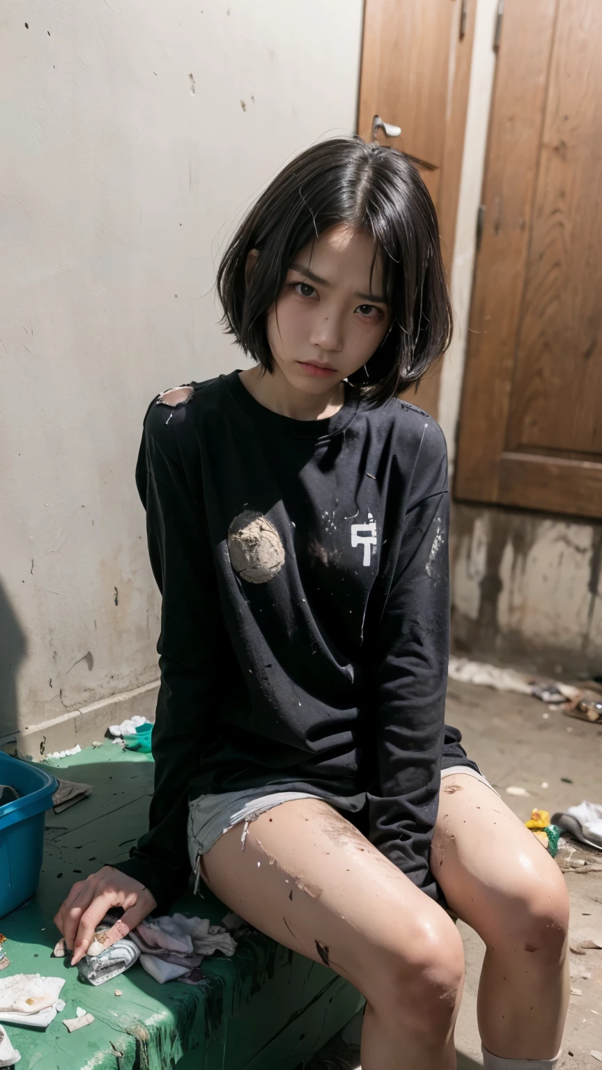 An 18-year-old Korean woman surrounded by a pile of garbage,aespakarina,Bobcut,Beggar,beggar,(((Homeless))),in abandoned style room,((( Oil,Mud stains,shit,dirty))),(((Frowning,Glaring at the camera))),((((The room is filled with garbage))),Very fine eye, (((He is wearing a tattered black long-sleeved shirt.,He&#39;s wearing ripped black pants))),(((Tragic))),(make:1.3)