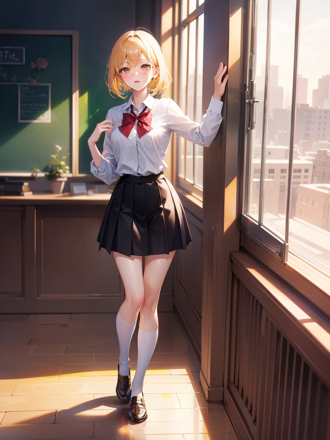 Dynamic posing, dynamic angle, Arrange pose,Top quality work，Show Legs，(short golden hair),(golden eyes), lovely red lips, Rose cheeks, Pretty Face, A perfectly proportioned face, school shirt with red bow and black skirt, (school uniform),  white stockings，in classroom，full-body view， amazing, Large round chest、Beautiful eye details、Beautiful eyelashes、beautiful double eyelid,  with blush cheeks,