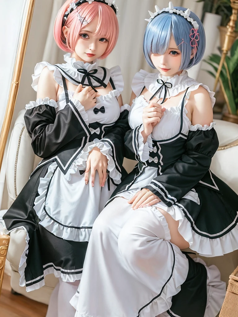 (8K, Photorealistic, Raw photo, of the highest quality: 1.3), (1girl in), Super beautiful, (Realistic face), (boyish, light blue Color Berry Shorthair),(8K, Photorealistic, Raw photo, of the highest quality: 1.3), (1girl in), Super beautiful, (Realistic face), (boyish, pink Color Berry Shorthair), Beautiful , Glare that captivates the viewer, Beautiful expression, Beautiful breasts, (Realistic skin), Be...Create a detailed and colorful image of Ram and Rem from Re:Zero, standing back-to-back in their maid outfits, with a magical fantasy background、14years old, two girls,cute, perfect face, beautiful, nice body, gothic lolita clothes, gothic lolita fashion, frilly skirt, headdress, necklace, bracelet, knee-high socks, boots, double eyelids, tear bags, Detailed down to the fingers, photo-like description, indoors, dim indoor lighting, one girl is pink hair and short bob, another girl is light blue hair and short bob,standing, whole body, composition that shows the whole body, smiling,The Both of them are wearing the same type of maid outfit