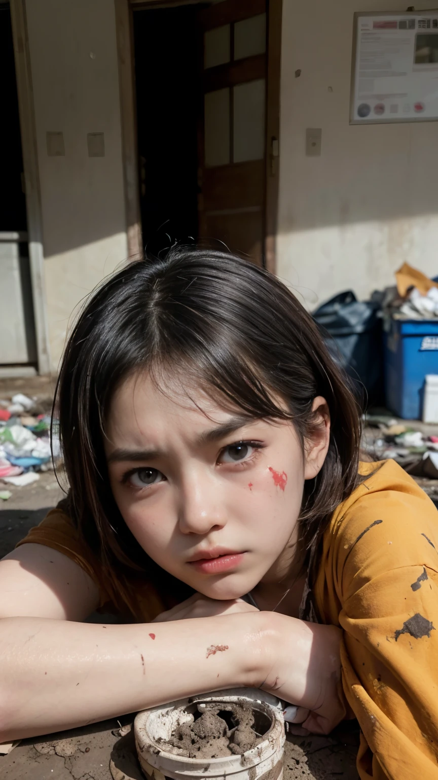 An 18-year-old Korean woman surrounded by a pile of garbage,aespakarina,Bobcut,Beggar,beggar,(((Homeless))),in abandoned style room,((( Oil,Mud stains,shit,dirty))),(((Frowning,Glaring at the camera))),((((The room is filled with garbage))),Very fine eye, (((He&#39;s wearing a tattered black tracksuit.))),(((Tragic))),(make:1.3),Big eyes