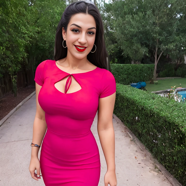 (CamiCam00), ((Ultra realistic)), (masterpiece), (best quality), ((woman)), thick arms, correct hands, standing, (barefoot), (tight red dress), arms crossed, red lips, smile, alone, full body, brunette, tied hair, look at viewer