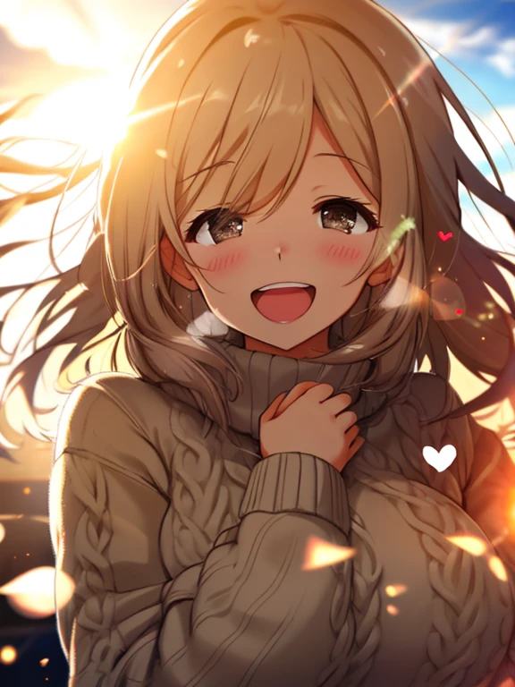 a girl, cosy sweater on, upper body, (huge Laughing:1.1), (open mouth:1.1), (wide open eyes:1.2), sun glare, bokeh, depth of field, blurry background, light particles, strong wind, (heart particles:1.1)