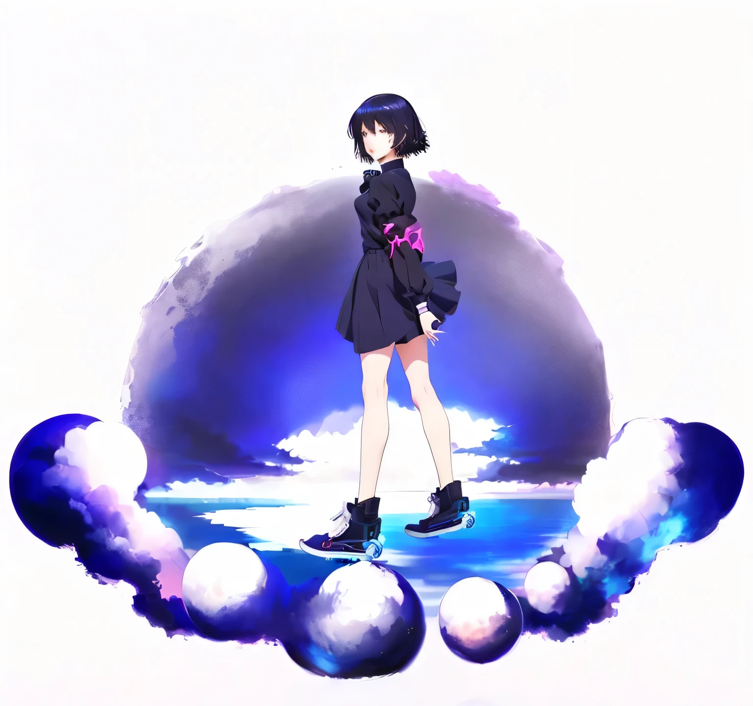 Anime girl in a black dress standing on a cloud with a skateboard, Fubuki, other iwakura, Anime girl walking on water, other, iwakura other, romanticism other, Mysterious Girl, full_body!!, ufotable art style, Persona Art Style, Inspired by Rei Kamoi, yandere. 高い slightly erotic