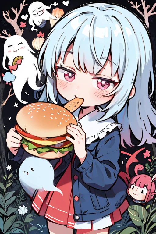 cartoon girl, ghost Mantle, enjoy, happy, eating hamburger
