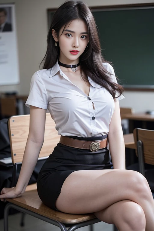 (Masterpiece, best quality, alone, รายละเอียดที่complicated, Chromatic aberration), realistic, ((Moderate breath)), hair on one eye,purple eyes, earring, sharp eyes, choker, (symmetrical eyes),(Perfect symmetrical body),Photo of a beautiful 24 year old girl, Beautiful and charming with contemporary fashion paintings as well..., looking at the audience, ((in the classroom background)), (1 Girl),(black short skirt), (Fitted white short sleeve shirt, Unbuttoning the buttons, revealing a little of the chest..), ((Short black pencil skirt with deep slit at the side.)), sugar belt, ((Put your hands down.)),copper blonde hair, bob, round chin, Art lens 85mm, Sharp focus, High resolution 8K, Crazy details, complicated, elegant,sitting on the study table Lift one leg to eye level, legs slightly apart.,big breasts,Big breasts, dynamic gesture, big breasts