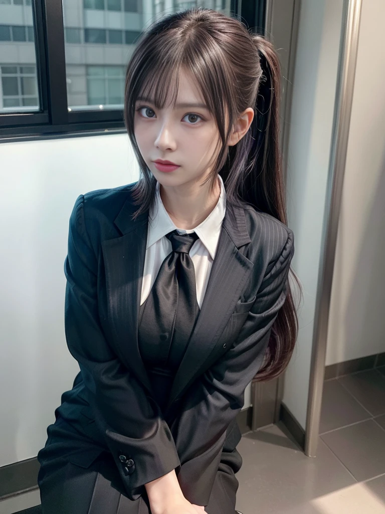 Beautiful woman, 25 years old, high ponytail, bright purple hair (like bright silver), perfect purple hair, Beautiful breasts, (Realistic skin),elegant upper class wearing a black pantsuit, black jacket, white shirt, cleavage visible, black pumps, and a business shirt. Elite secretary, working in the office, wearing a strict business suit, pantsuit style, wearing luxury high heels, girl wearing a shirt, wearing a business suit, wearing a business suit, black nail art, business Wearing a suit, Businessman, Business clothes, Wearing a black business suit, Wearing a white shirt and black jacket, Woman in a business suit, Business suit, Business attire, Raw photo, (8K, highest quality, Masterpiece: 1.2), (Complex Detail: 1.4), (Photoreal: 1.4), Octane Rendering, Complex 3D Rendering Super Detail, Studio Soft Light, Rim Light, Vibrant Detail, Super Detail, Realistic Skin texture, surface details, beautifully detailed eyes, highly detailed CG Unity 16k wallpaper, supplement, (detailed background:1.2),pony tail