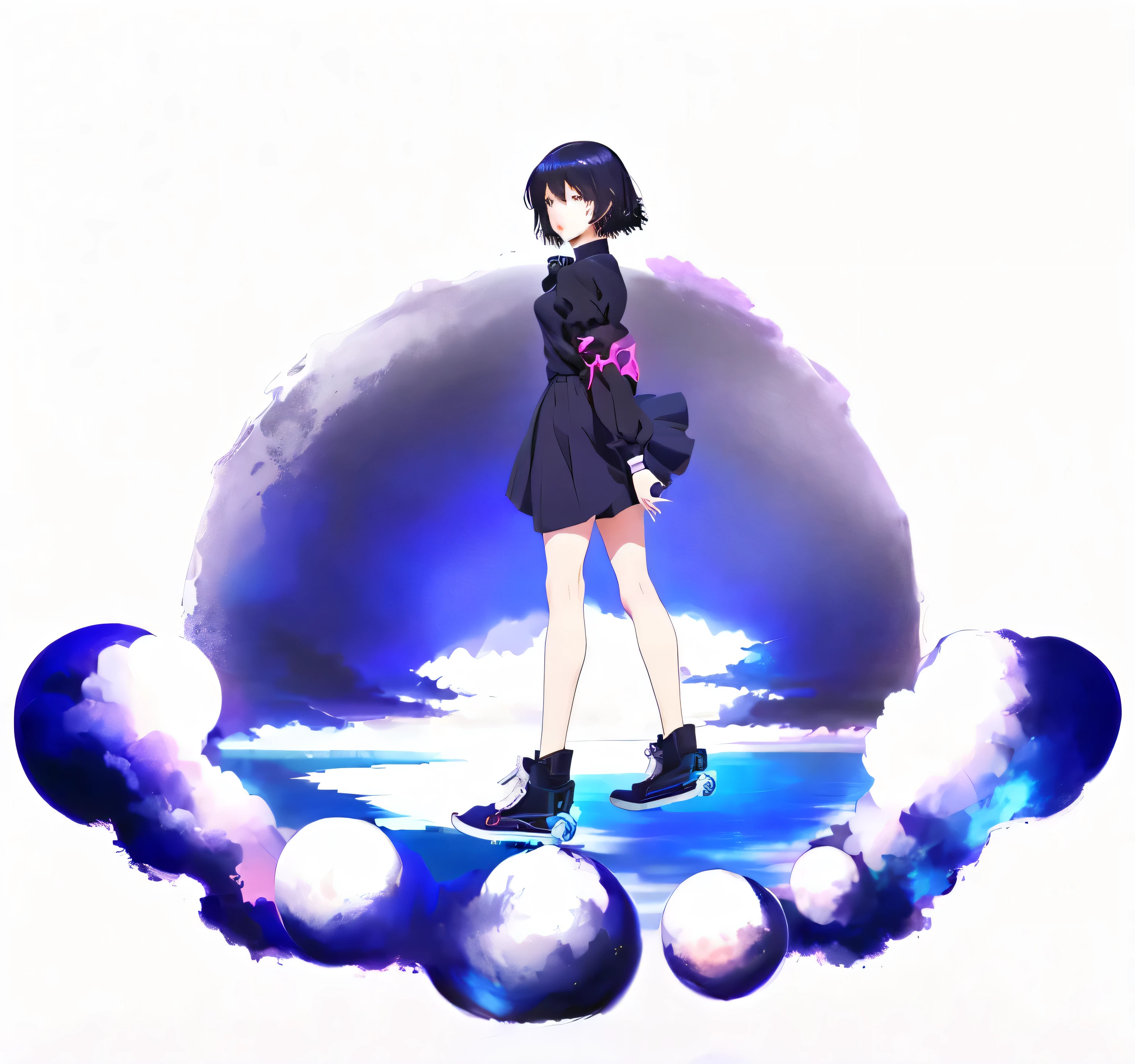 Anime girl in a black dress standing on a cloud with a skateboard, Fubuki, other iwakura, Anime girl walking on water, other, iwakura other, romanticism other, Mysterious Girl, full_body!!, ufotable art style, Persona Art Style, Inspired by Rei Kamoi, yandere. 高い slightly erotic