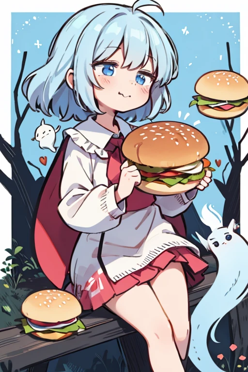 cartoon girl, ghost Mantle, enjoy, happy, eating hamburger