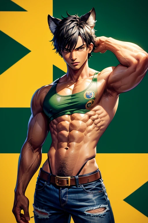 Boy with muscular build, slim, dark skin, green tank top, Brazilian flag print, black hair, drags, jeans, black leather belt, Brazilian background, jaguar ears on his head.