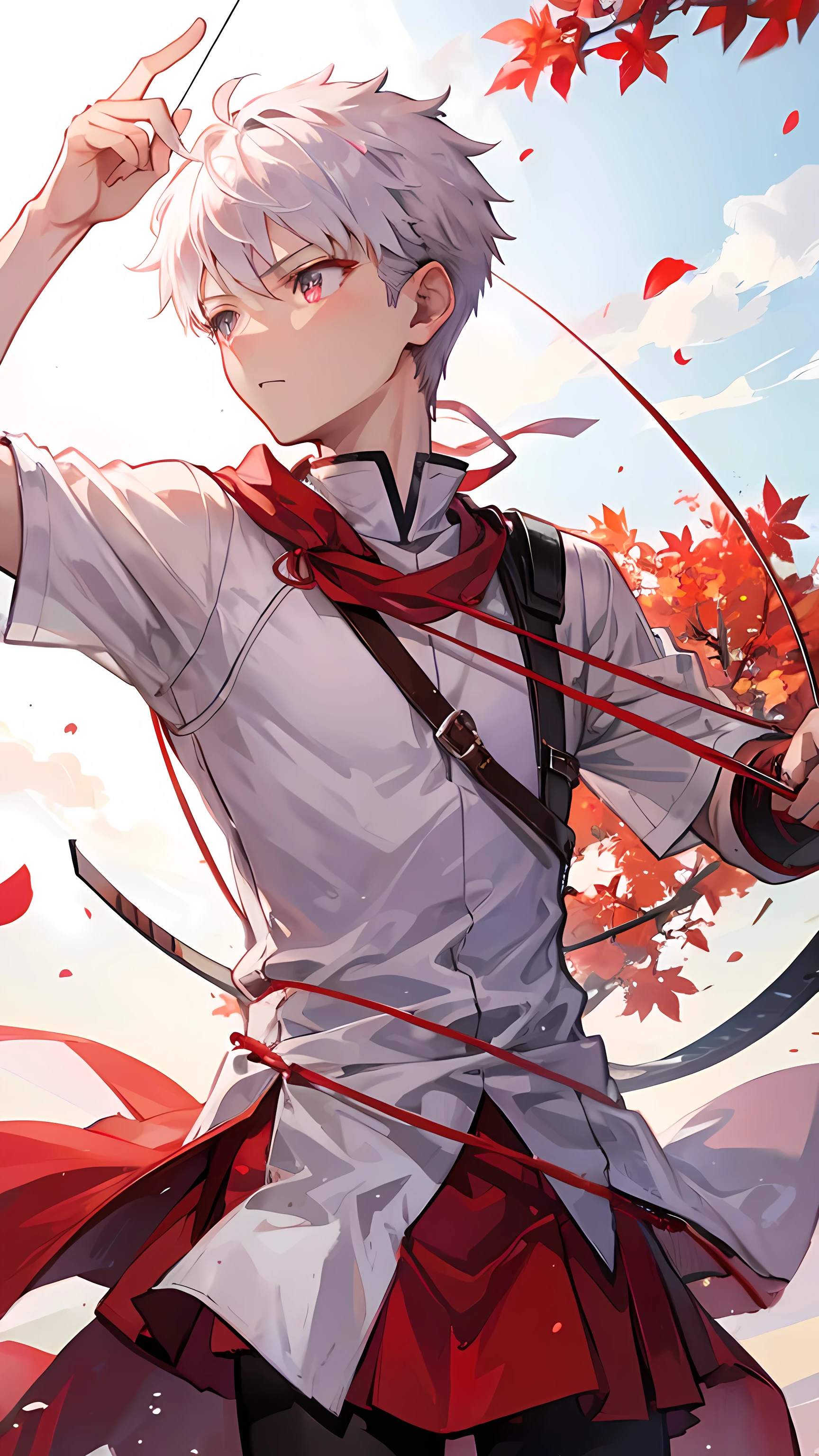 Emiya shirou archer aiming with a bow and the arrow is shining in red