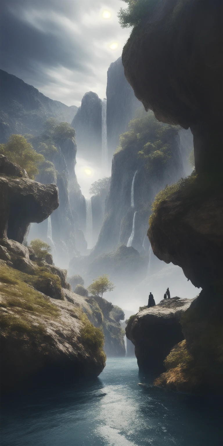masterpiece, 最high quality, high quality, Very detailed CG unity 8k wallpaper, scenery, Outdoor, null, cloud, Day, No humans, Mountain, landscape, water, wood, blue null, waterfall, cliff, nature, lake, river, cloudy null,Award-winning photography, Bokeh, Depth of written boundary, High resolution, bloom, chromatic aberration ,Realistic,Very detailed, Trending on Artstation, Trending on CGSociety, Complex, Attention to detail, dramatic, art:Mid Journey