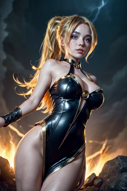 (master piece:1.8), (best quality:1.8), (exquisite lighting and shadow, highly dramatic picture, cinematic lens effect) 8k, wallpaper, looking at the viewer, open arms, female ponytail yellow gold hair on one side thin and shorty fantasy witch wearing a smooth and futuristic black tunic with gold ornaments and gold lines, black mini skirt, thin waist, hips, red ribbon in waist, beautiful blue eyes, beautiful lips, beautiful smile, shiny red flame behind, clouds and sky background, ethereal lightning, sharp focus