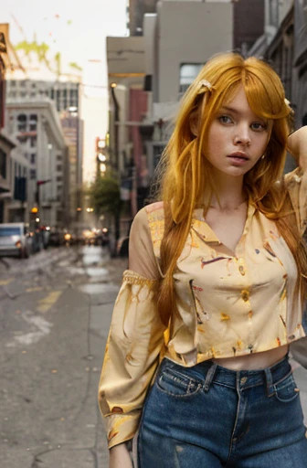 (((1girl))), ((((solo)))), ((messy hairstyle)), standing taking a picture, (((Reddish-yellow hair)), red eyes, soft blouse, form-fitting jeans, on a street in downtown Los Angeles