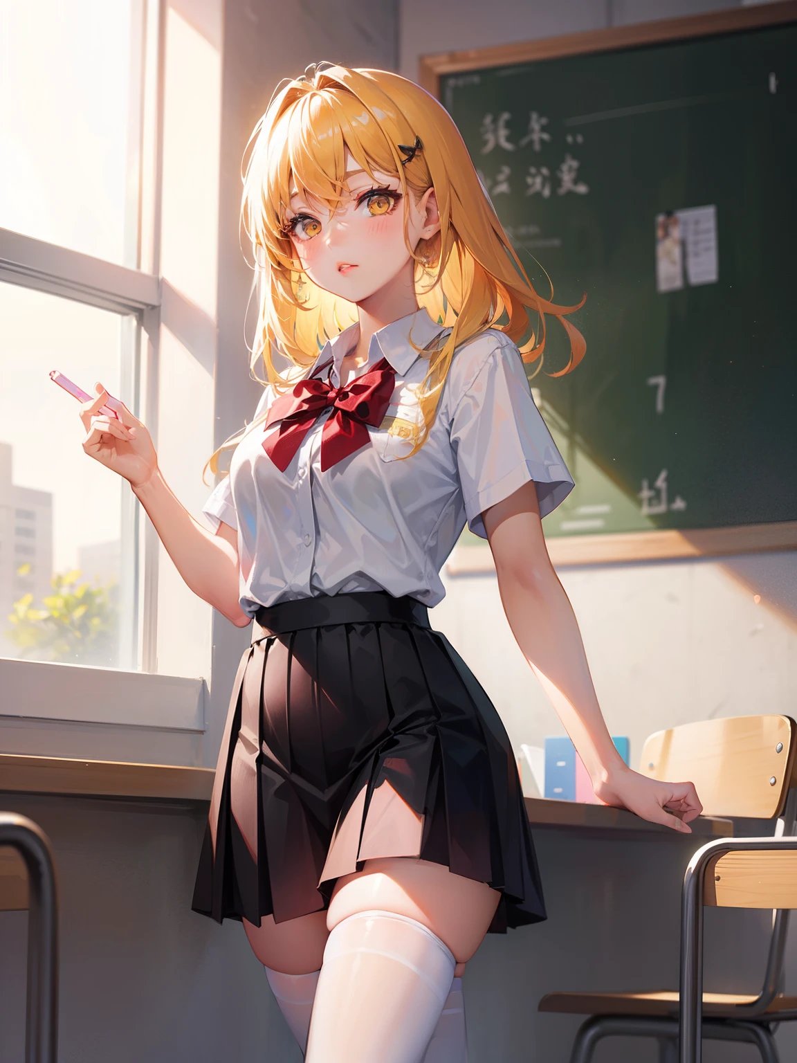 Dynamic posing, dynamic angle, Arrange pose,Top quality work,Show Legs,(short golden hair),(golden eyes), lovely red lips, Rose cheeks, Pretty Face, A perfectly proportioned face, school shirt with red bow and black skirt, (school uniform), white stockings,in classroom,full-body view, amazing, Large round chest、Beautiful eye details、Beautiful eyelashes、beautiful double eyelid, with blush cheeks, talking to viewer