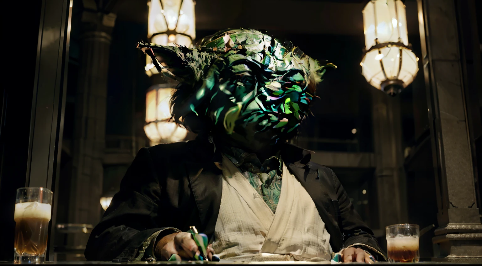 (8k ultra high definition, tmasterpiece, Best quality at best, high qulity, absurd res, ultra - detailed, detailedbackground), (portrait:1.4), (american italien (master yoda) mafia boss,wearing a suite and hat, standing in front a streetart masterpiece ), (Color scheme: Black), (enviroment: scifi mega city street skyscraper, external, star wars perssonage, future perssonage, ), opinion: Slightly lower angle to emphasize master yoda;s wisdom and force, lamplight: dramatics, Use a spotlight to illuminate Master yodas face and and chest (depth of fields: shallow, master yodas focus cleaery background slightly blurred), Mafia style, godfather, cinematic Film still from, godfather, i mafia style,