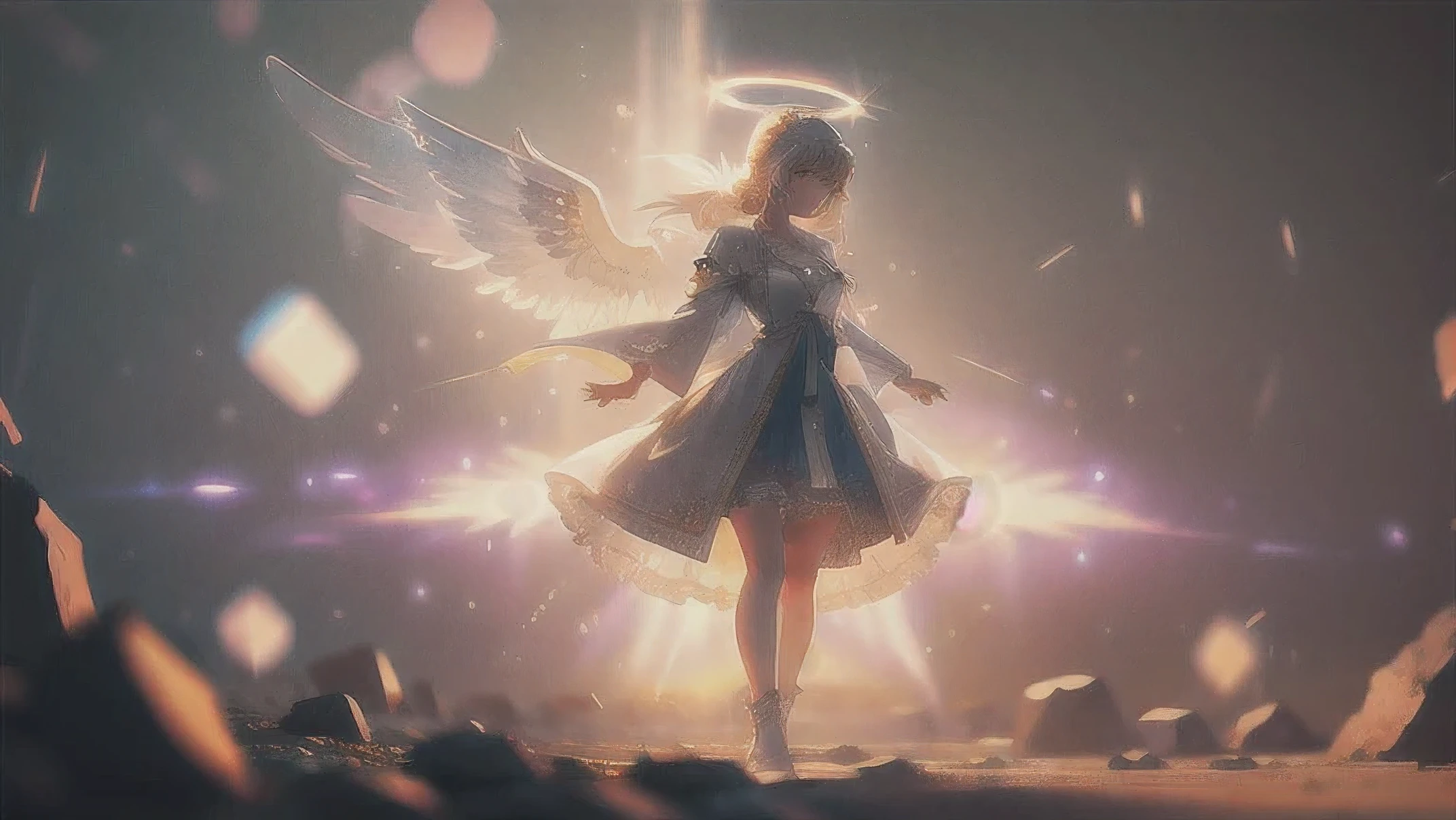 arafed angel standing on a rock with a halo above it, of an beautiful angel girl, angel spirit guide, angelical, angel protecting woman, angelic, wearing angel, of beautiful angel, girl with angel wings, winged human, beautiful angel, super wide angel, winged girl angel, big angel wings wide open, angelic wings, beautiful female angel, beautiful angelic wings, detailed face, dramatic lights, mature female